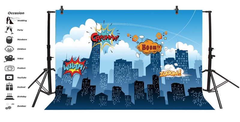 Yeele 10x8ft Little Superhero Backdrop Comic Superhero Cityscape Background for Photography Boy Girl Kid Birthday Baby Shower Party Banner Photo Booth YouTube Video Shoot Vinyl Studio Props - Image 2